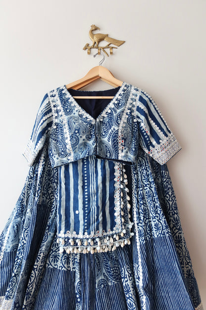 Blue and White Paisley Print Lehenga Choli - New, XL/XXL