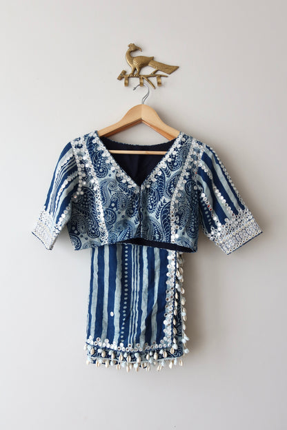 Blue and White Paisley Print Lehenga Choli - New, XL/XXL