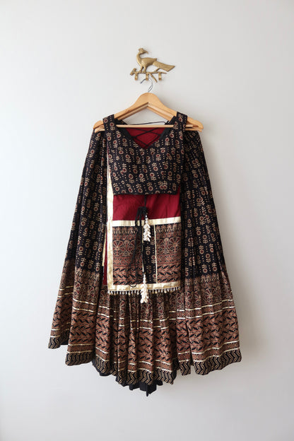 Black and Red Cotton Block Print Lehenga Choli - New, S/M