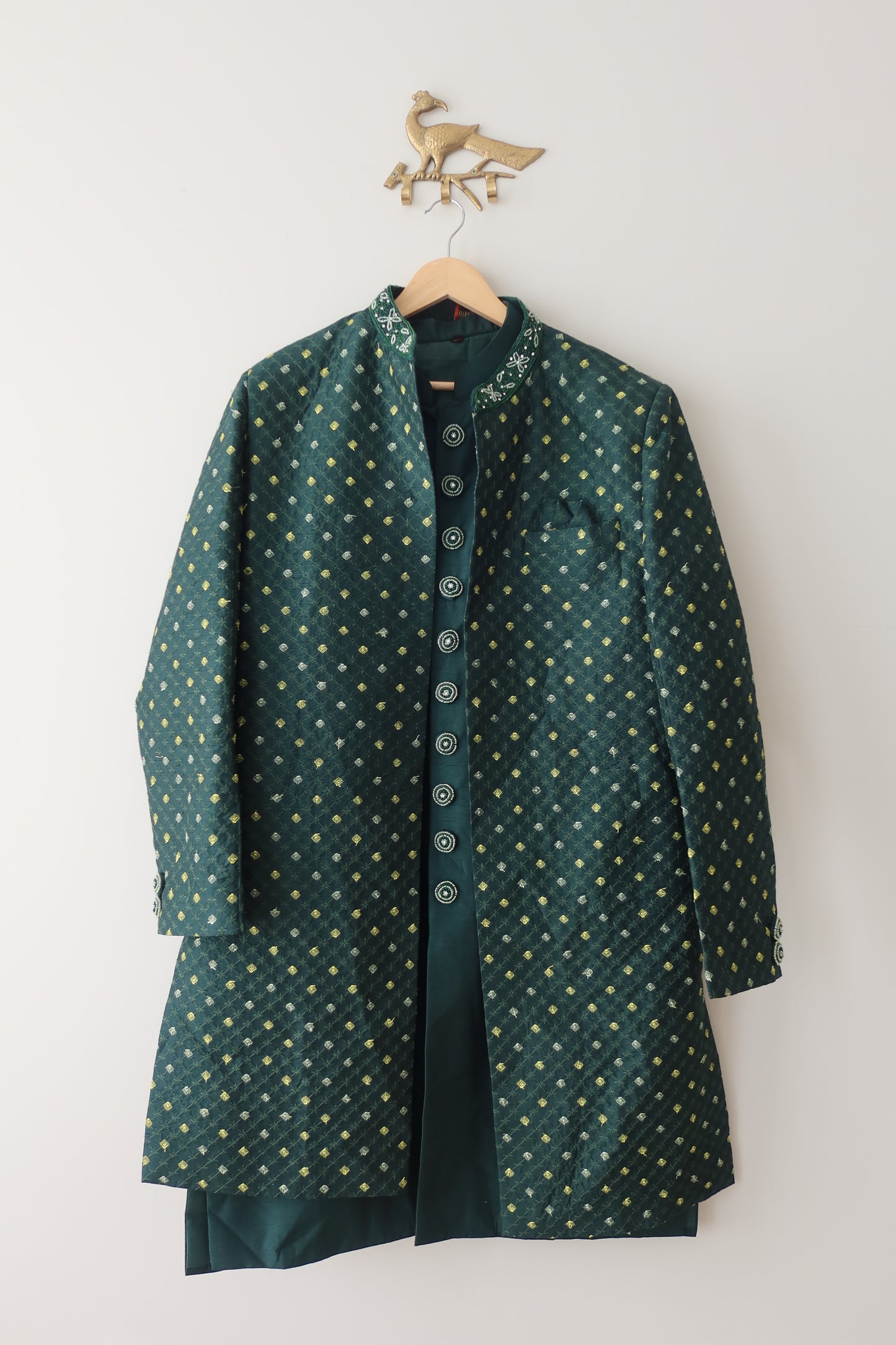 Emerald Green Art-Silk 3-Piece Sherwani-Style Jacket Suit