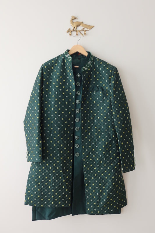 Emerald Green Art-Silk 3-Piece Sherwani-Style Jacket Suit