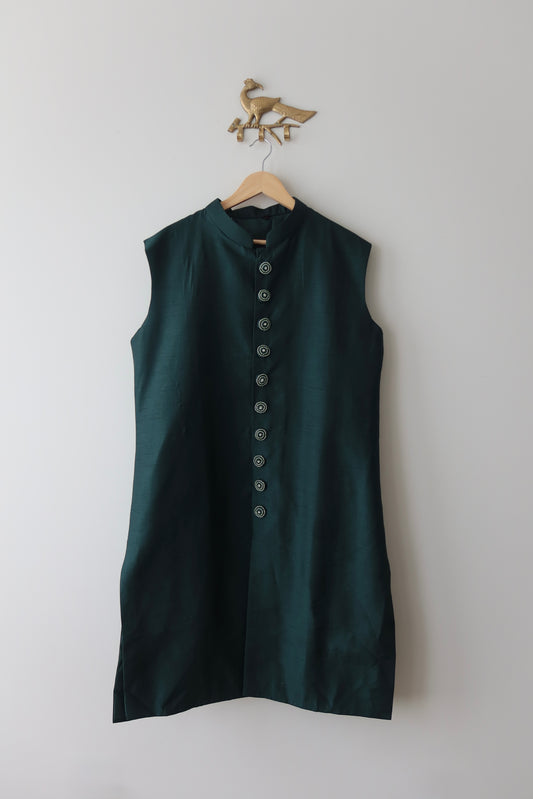 Emerald Green Art-Silk 3-Piece Sherwani-Style Jacket Suit