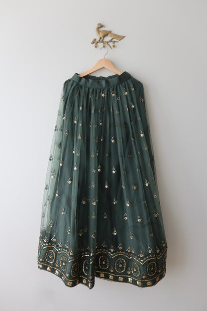 Deep Bottle-Green Net Lehenga Set with Antique Gold Embroidery & Cancan