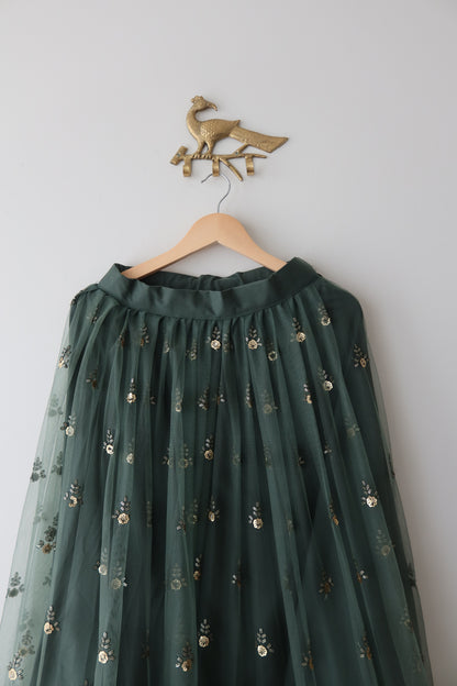 Deep Bottle-Green Net Lehenga Set with Antique Gold Embroidery & Cancan