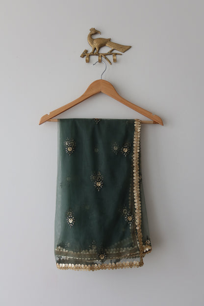 Deep Bottle-Green Net Lehenga Set with Antique Gold Embroidery & Cancan