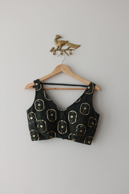 Deep Bottle-Green Net Lehenga Set with Antique Gold Embroidery & Cancan