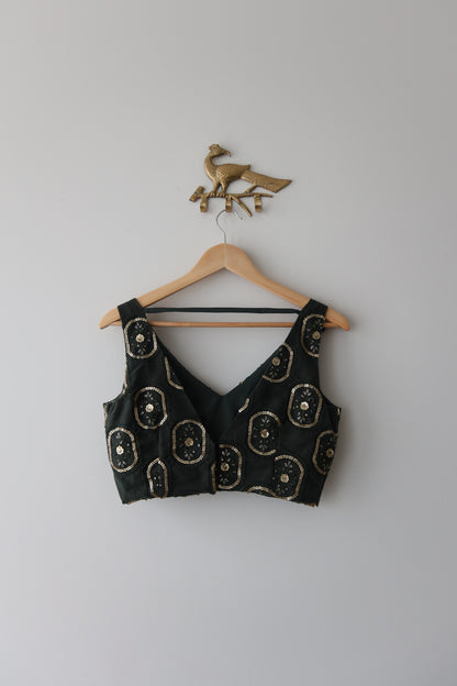 Deep Bottle-Green Net Lehenga Set with Antique Gold Embroidery & Cancan