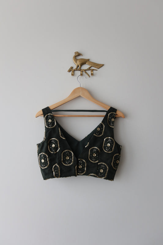 Deep Bottle-Green Net Lehenga Set with Antique Gold Embroidery & Cancan