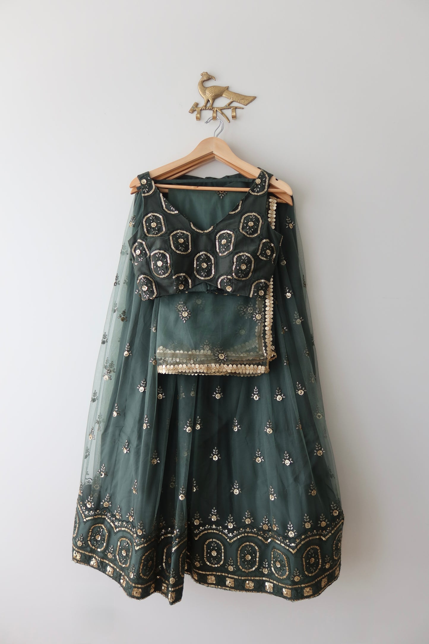 Deep Bottle-Green Net Lehenga Set with Antique Gold Embroidery & Cancan