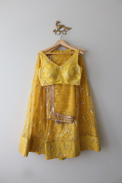 Sunshine Yellow Mirror-Work Net Lehenga Set