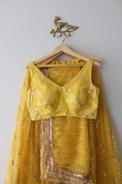 Sunshine Yellow Mirror-Work Net Lehenga Set