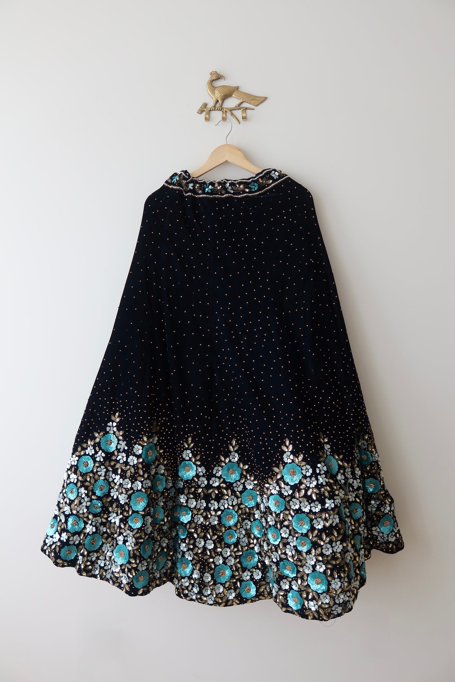 Midnight Blue Velvet Lehenga Set with Turquoise & Gold 3D Floral Sequin Embroidery