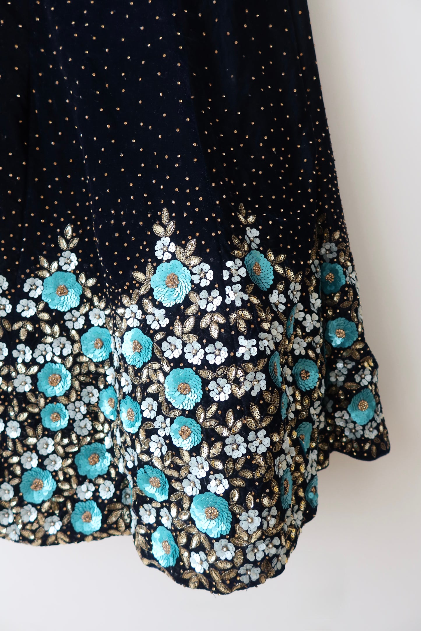 Midnight Blue Velvet Lehenga Set with Turquoise & Gold 3D Floral Sequin Embroidery