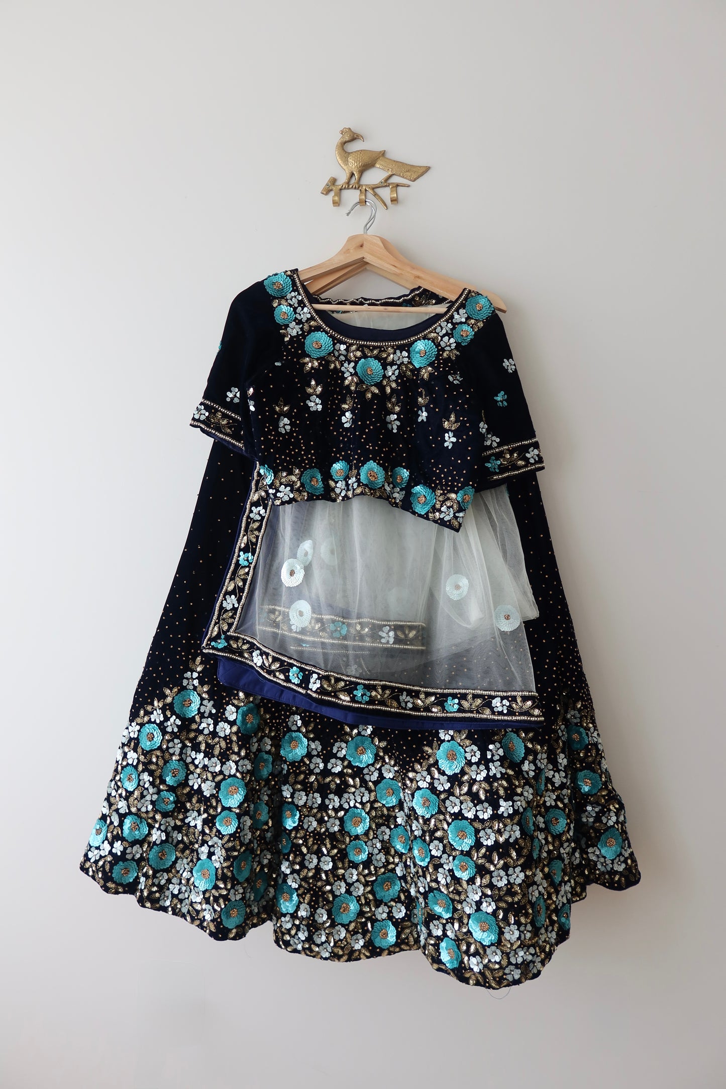 Midnight Blue Velvet Lehenga Set with Turquoise & Gold 3D Floral Sequin Embroidery