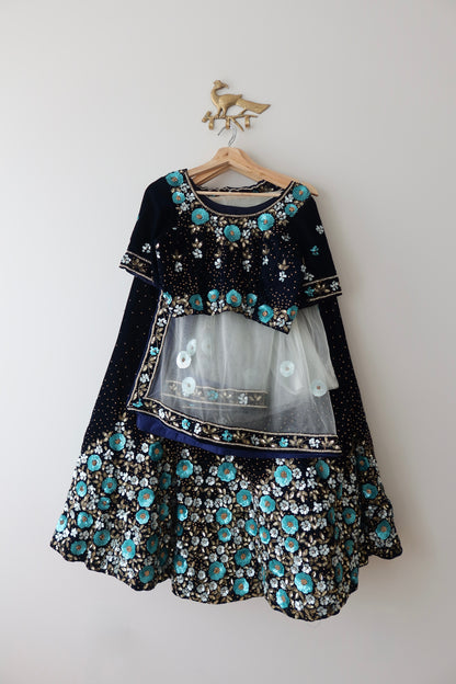 Midnight Blue Velvet Lehenga Set with Turquoise & Gold 3D Floral Sequin Embroidery