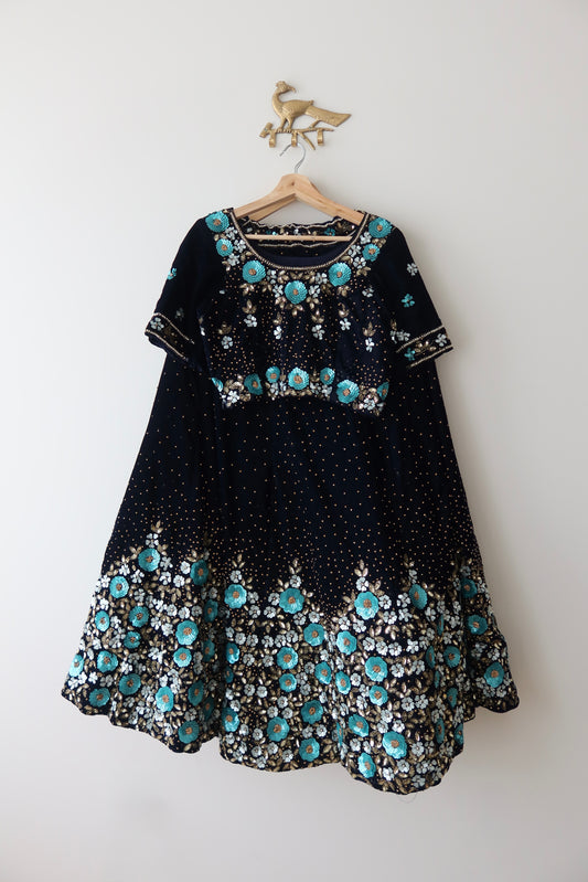 Midnight Blue Velvet Lehenga Set with Turquoise & Gold 3D Floral Sequin Embroidery
