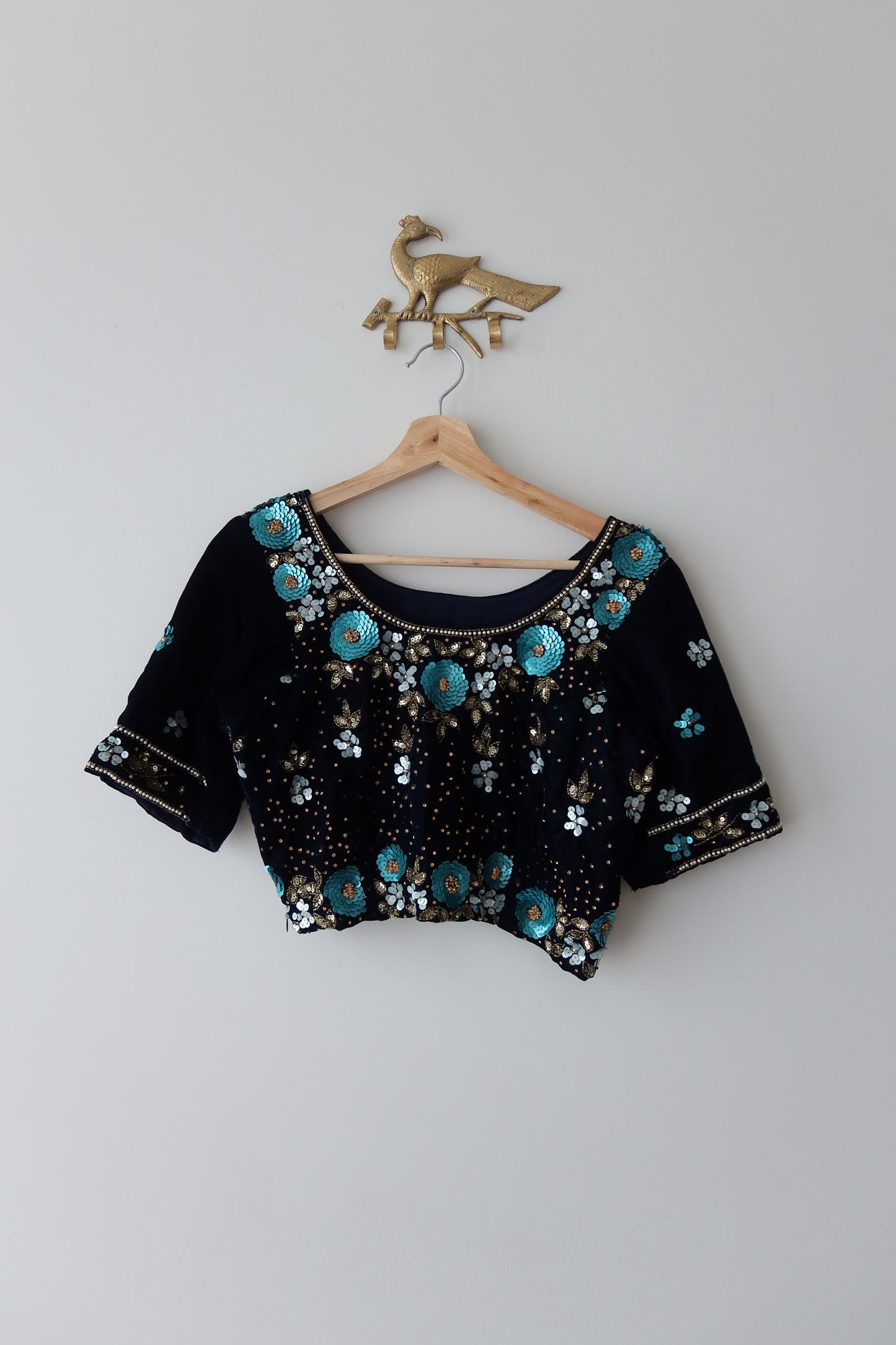 Midnight Blue Velvet Lehenga Set with Turquoise & Gold 3D Floral Sequin Embroidery