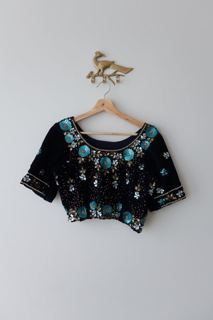 Midnight Blue Velvet Lehenga Set with Turquoise & Gold 3D Floral Sequin Embroidery