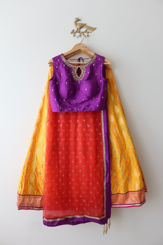 Yellow and Purple Lehenga Set