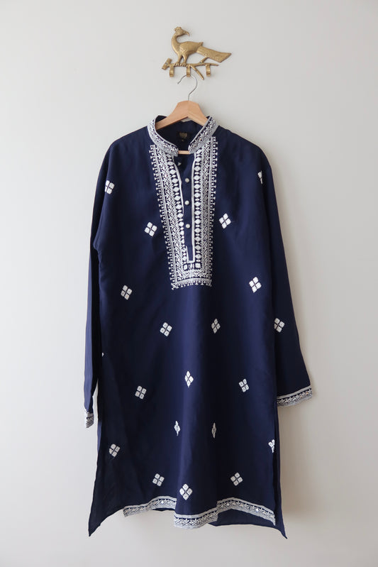 Navy Blue Cotton Kurta with Scarf