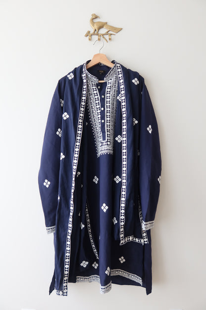 Navy Blue Cotton Kurta with Scarf