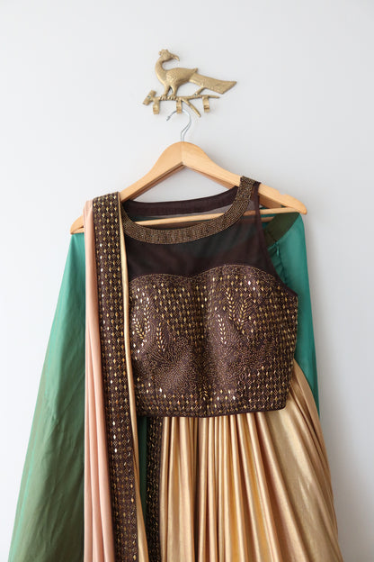 Brown Peacock Pleated Lehenga