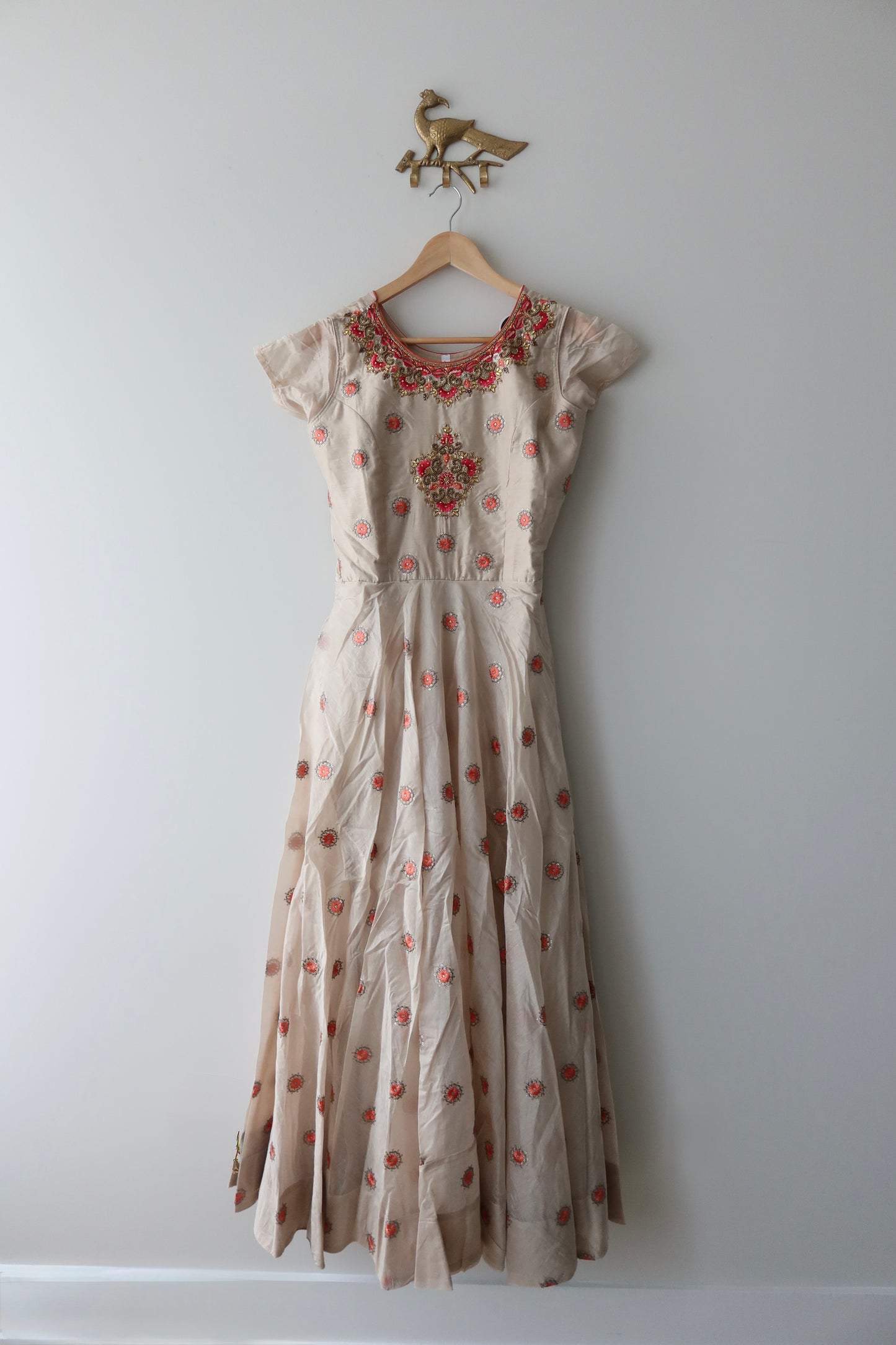 Beige Anarkali Gown with Ombre Berry-Peach Dupatta