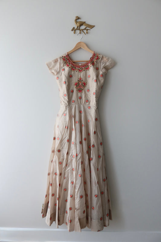 Beige Anarkali Gown with Ombre Berry-Peach Dupatta