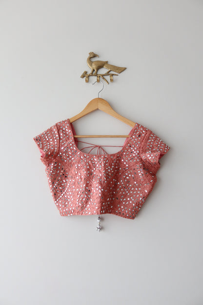 Blush Pink Organza Mirrorwork Sari with Stitched Blouse