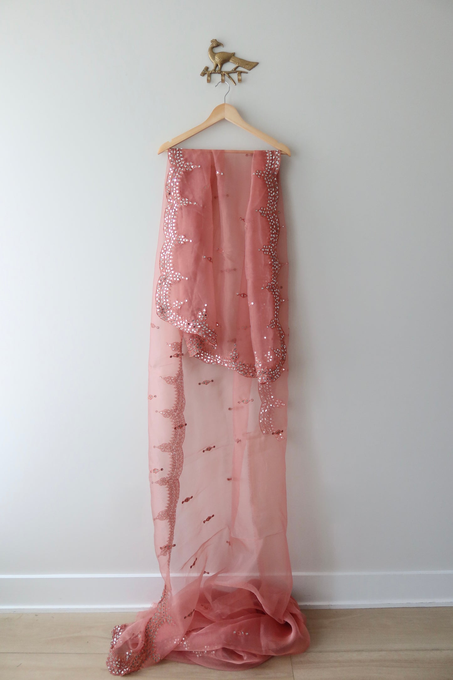 Blush Pink Organza Mirrorwork Sari with Stitched Blouse