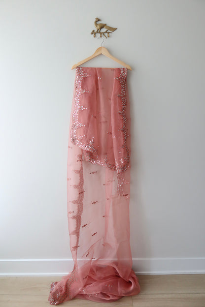 Blush Pink Organza Mirrorwork Sari with Stitched Blouse