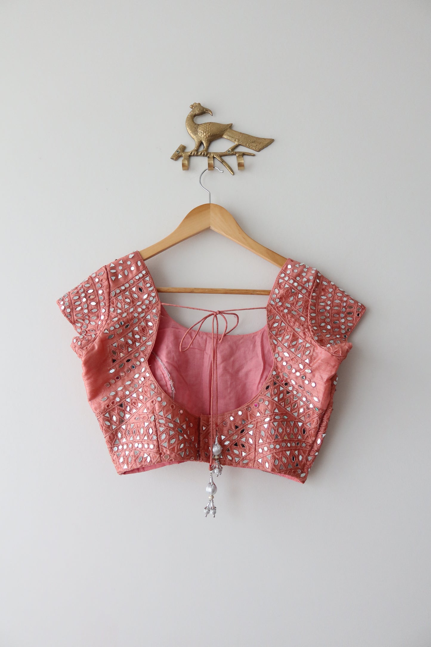 Blush Pink Organza Mirrorwork Sari with Stitched Blouse