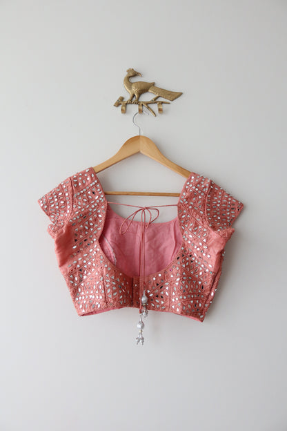 Blush Pink Organza Mirrorwork Sari with Stitched Blouse