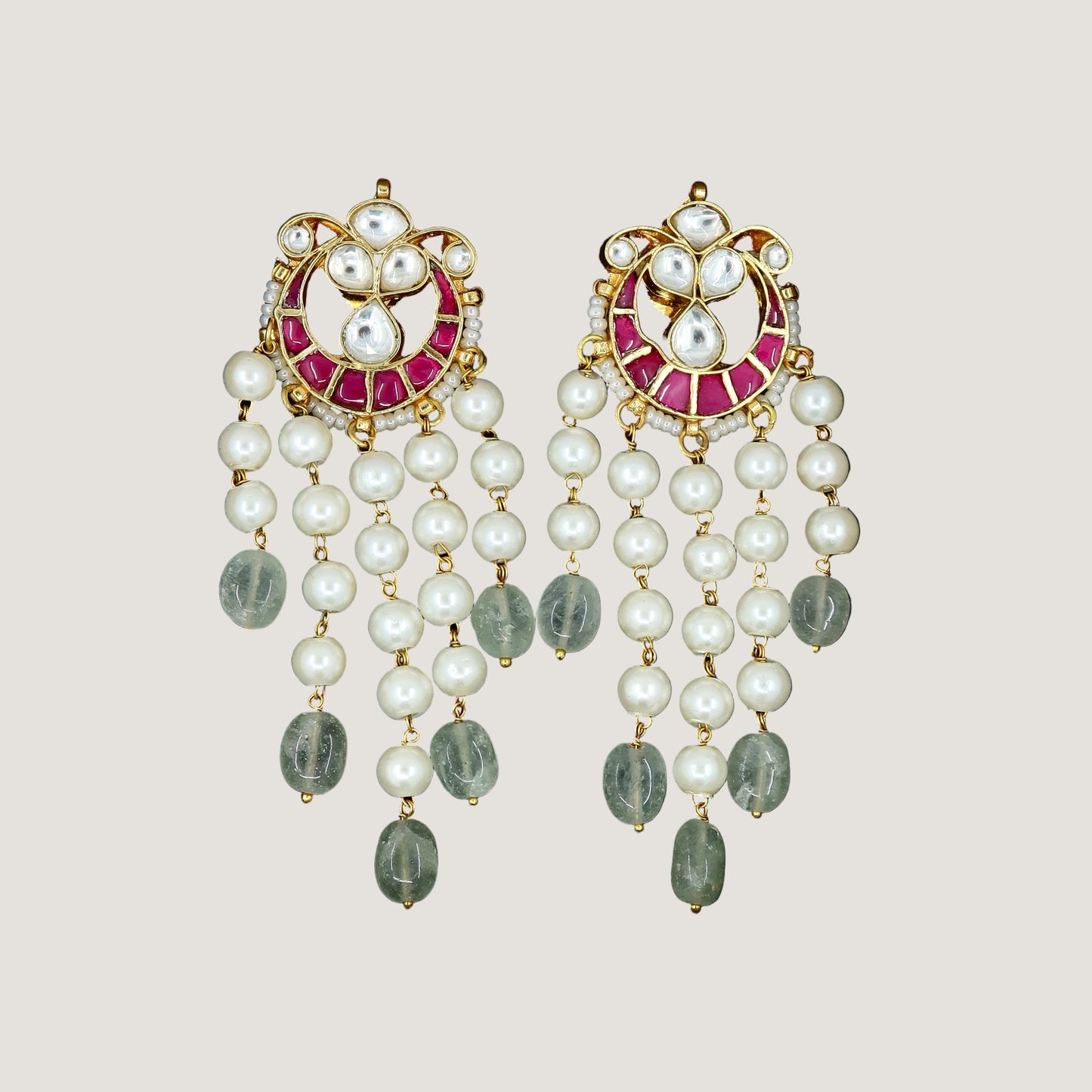 Ruby Pink Kundan Chandbali Pearl Dangle Earrings