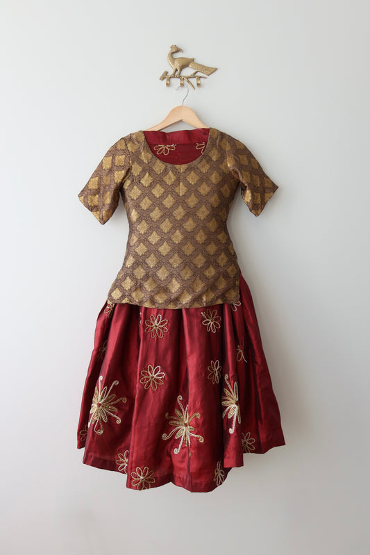 Maroon & Gold Silk Lehenga Set