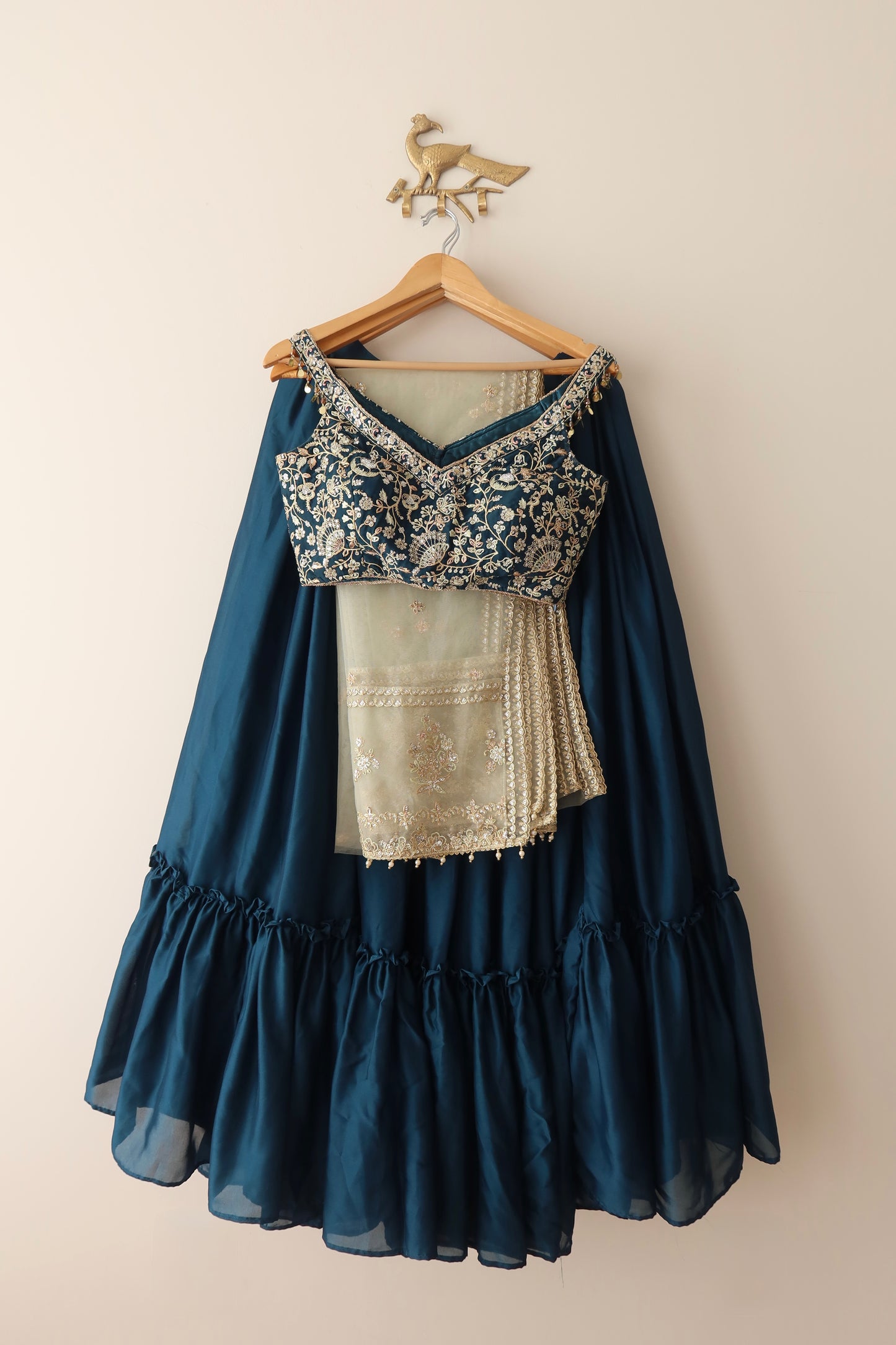 Lashkaraa Teal Green Embroidered Crepe Silk Lehenga