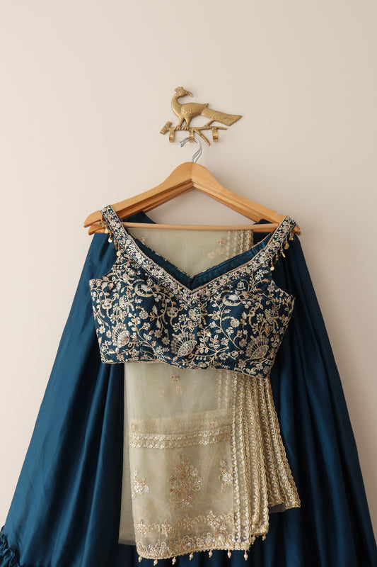 Lashkaraa Teal Green Embroidered Crepe Silk Lehenga