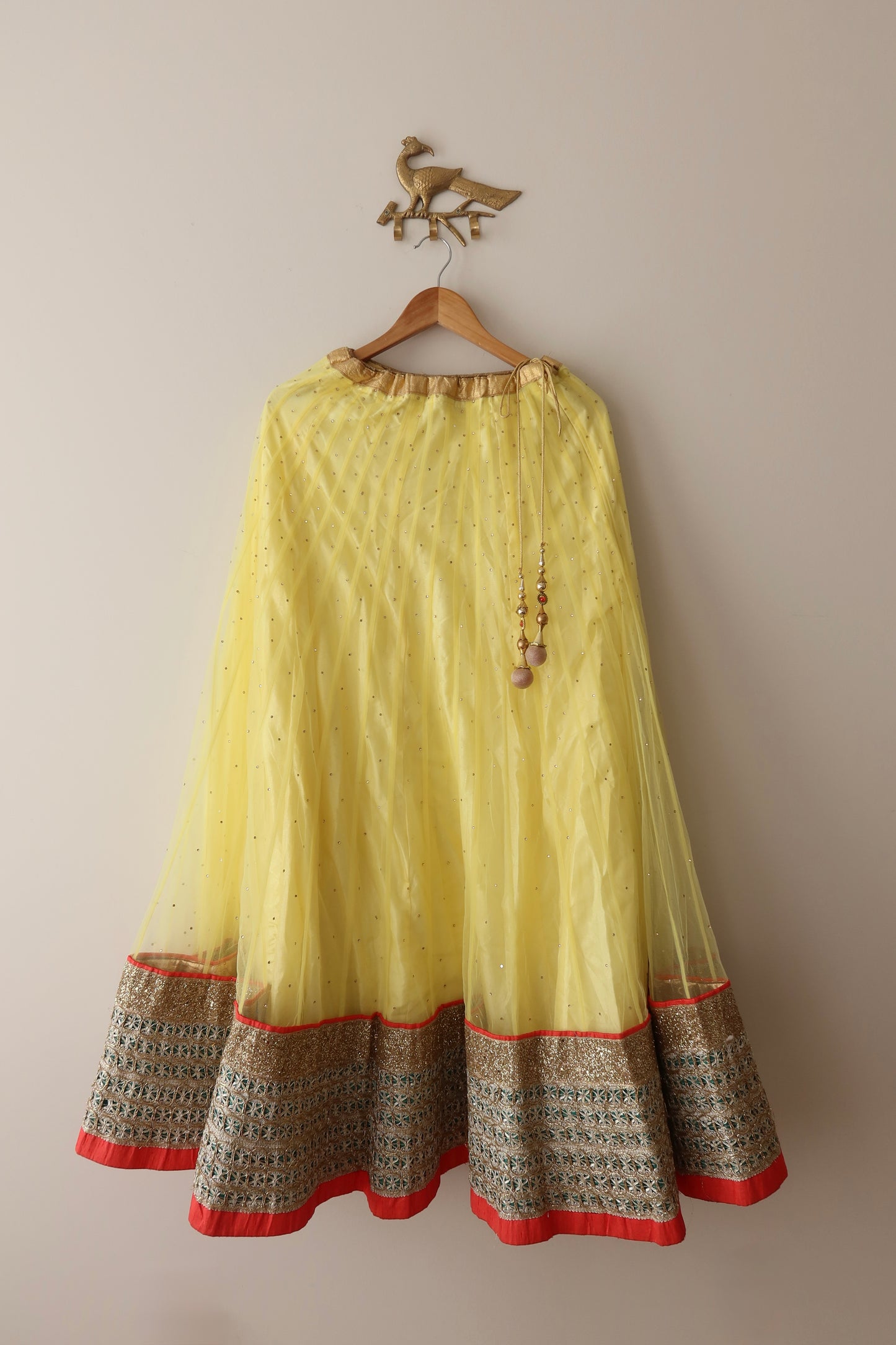 Yellow & Bottle Green Net Lehenga with Bright Orange Dupatta