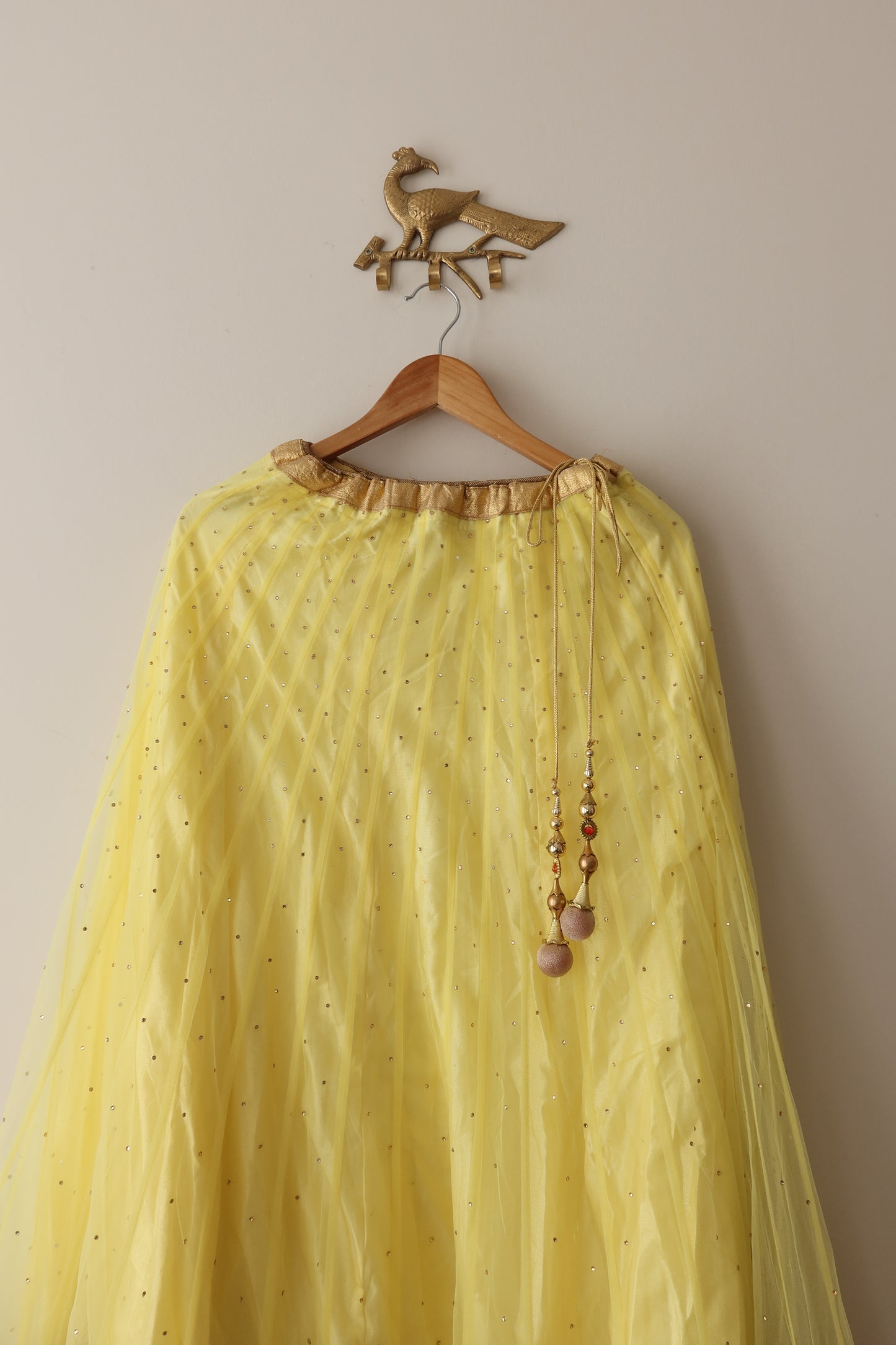 Yellow & Bottle Green Net Lehenga with Bright Orange Dupatta