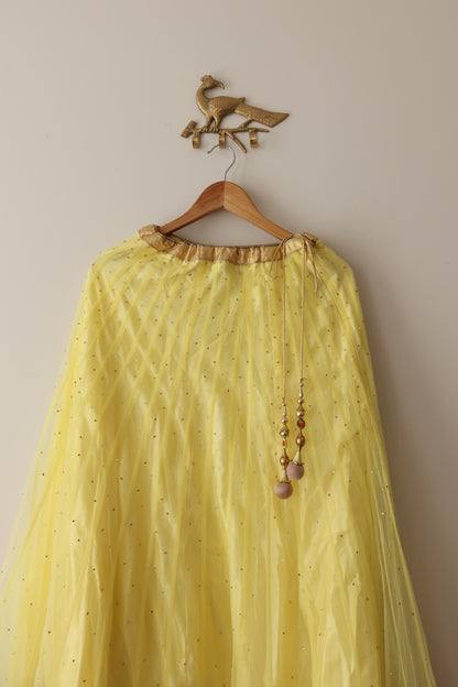 Yellow & Bottle Green Net Lehenga with Bright Orange Dupatta