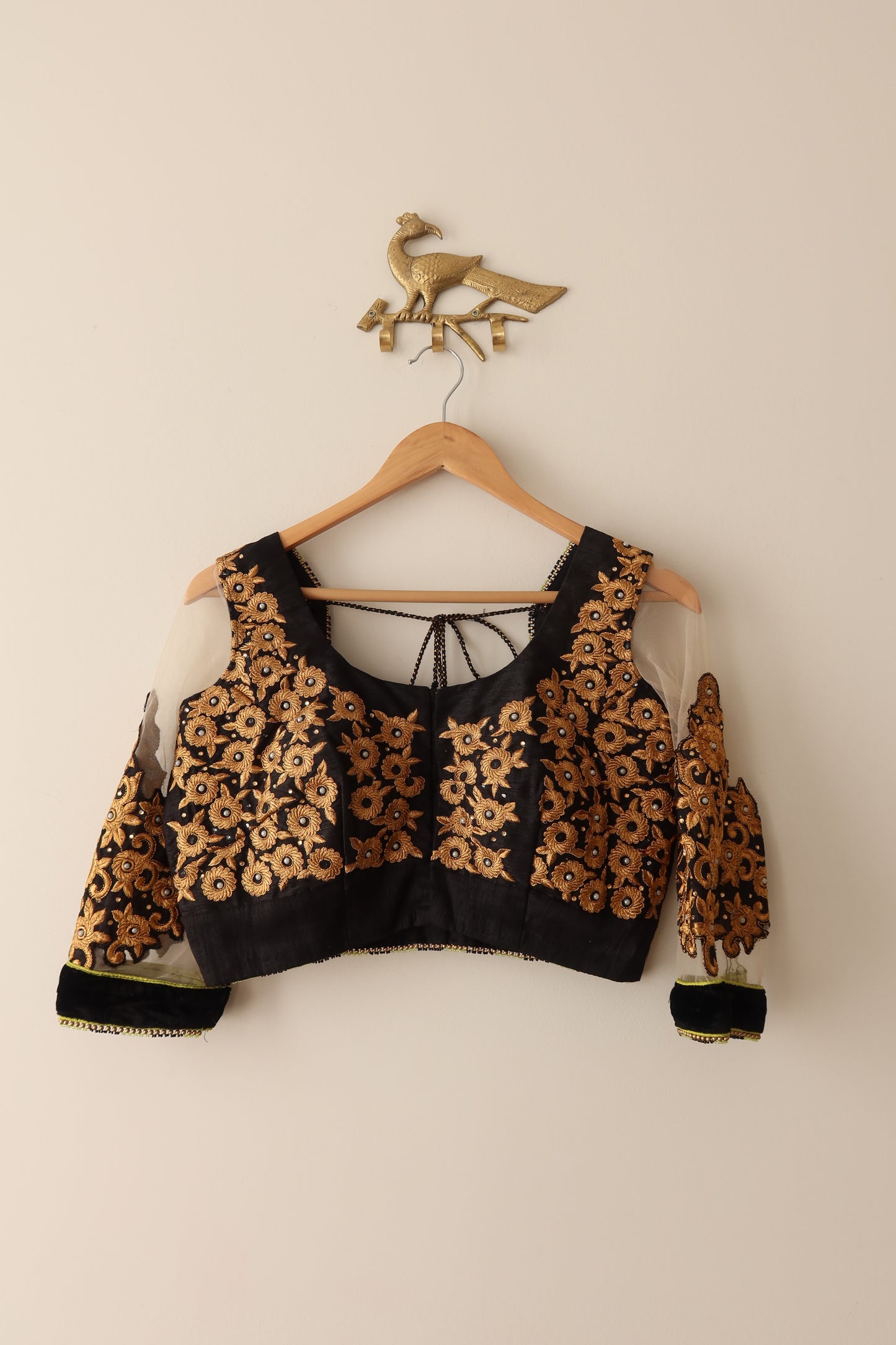 White & Black Net Lehenga with Neon Green & Bronze Gold Embroidery