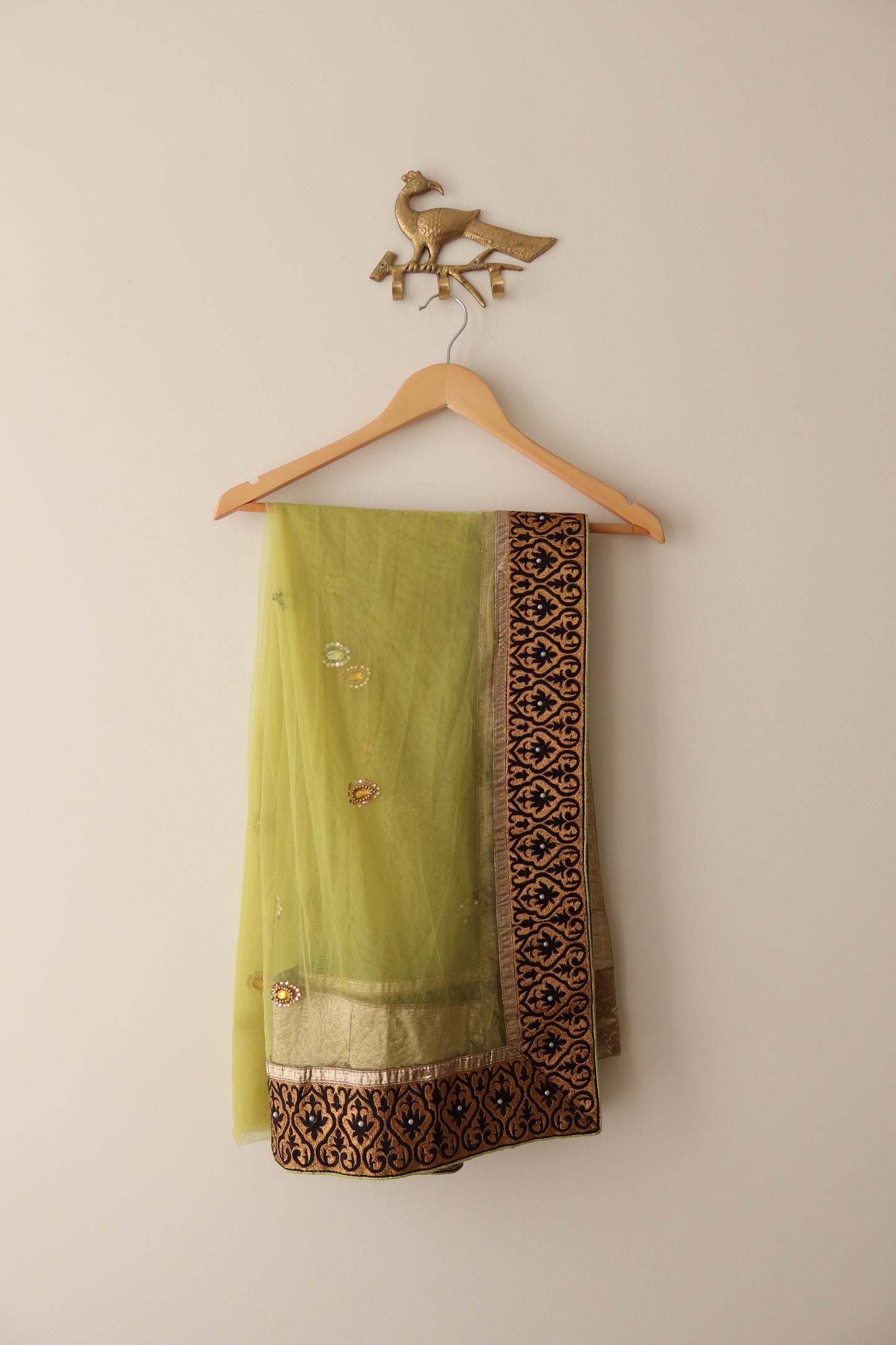 White & Black Net Lehenga with Neon Green & Bronze Gold Embroidery