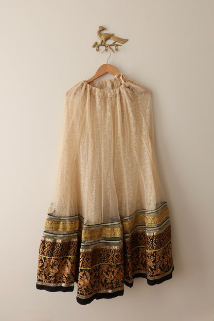 White & Black Net Lehenga with Neon Green & Bronze Gold Embroidery