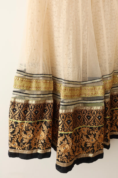 White & Black Net Lehenga with Neon Green & Bronze Gold Embroidery