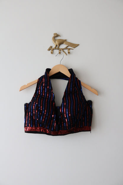 Black Georgette Sequin Lehenga Set with Red & Blue Stripes