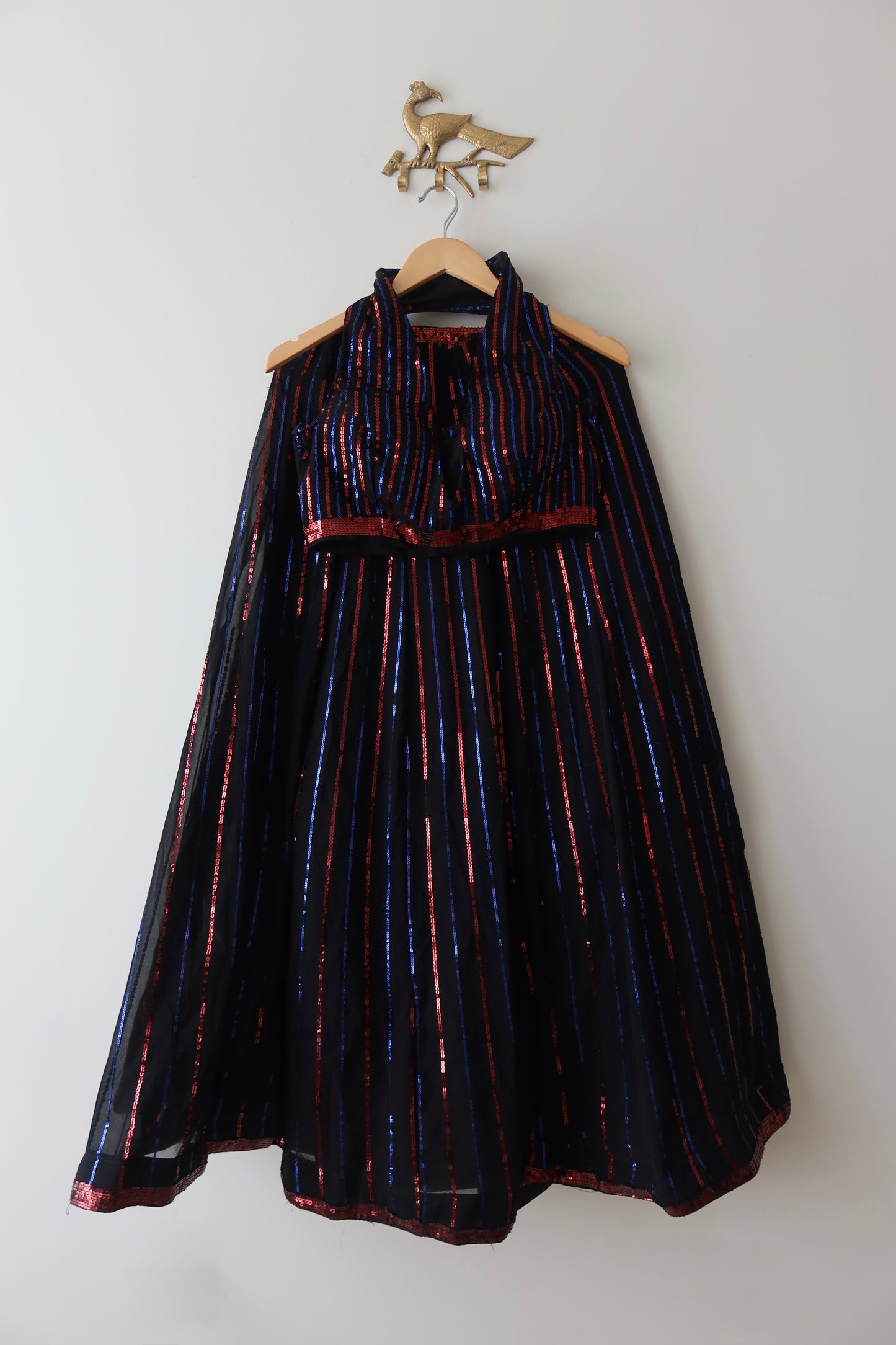 Black Georgette Sequin Lehenga Set with Red & Blue Stripes
