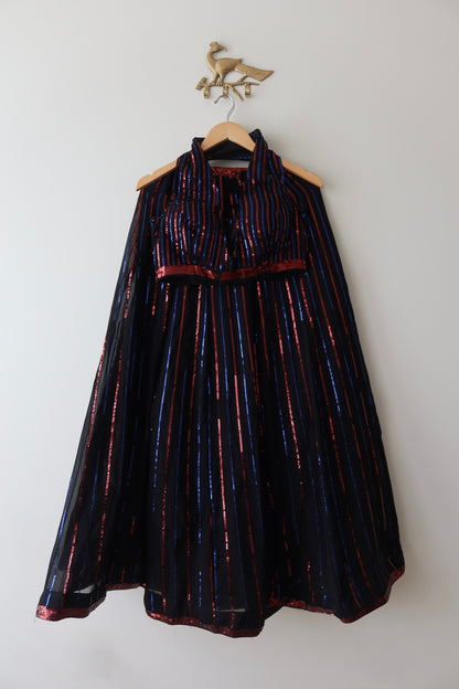 Black Georgette Sequin Lehenga Set with Red & Blue Stripes