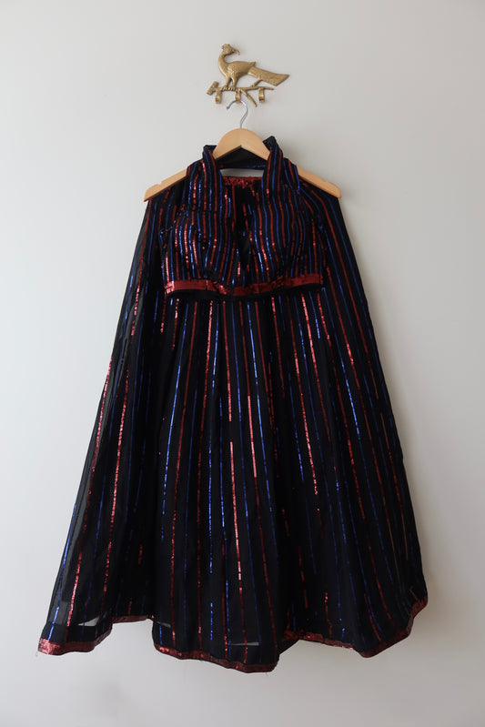 Black Georgette Sequin Lehenga Set with Red & Blue Stripes