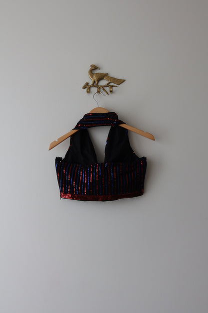 Black Georgette Sequin Lehenga Set with Red & Blue Stripes