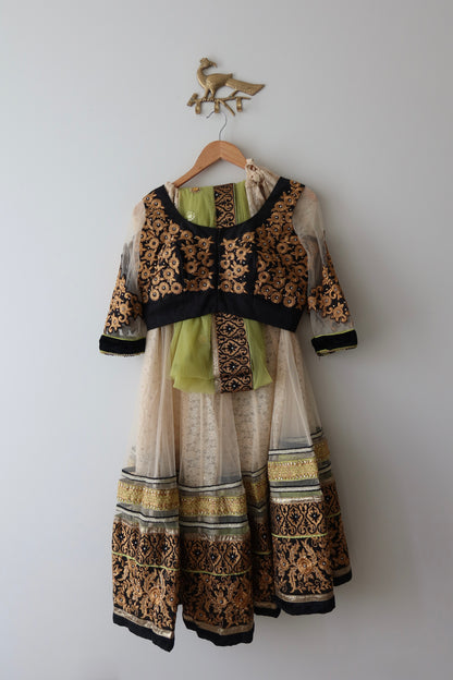 White & Black Net Lehenga with Neon Green & Bronze Gold Embroidery